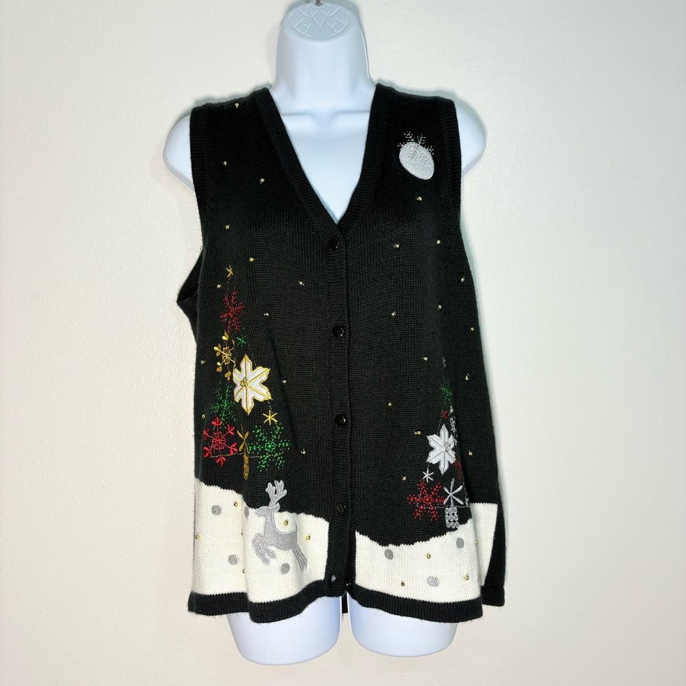 Winter Wonderland Christmas Festive Black Knit Vest with Holiday Motifs SzL